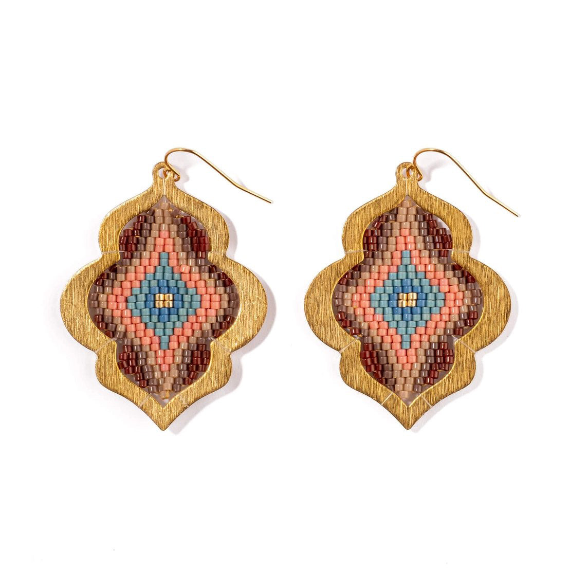Beaded Handwoven Window Drop Earring - Brown/Blue