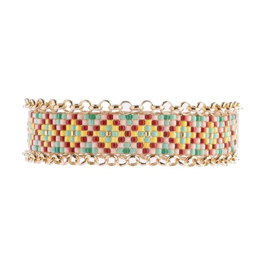 Beaded Handwoven Jali Miyuki and Chain Bracelet - Green