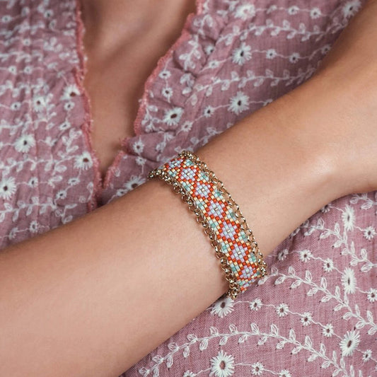 Beaded Handwoven Jali Miyuki and Chain Bracelet - Green