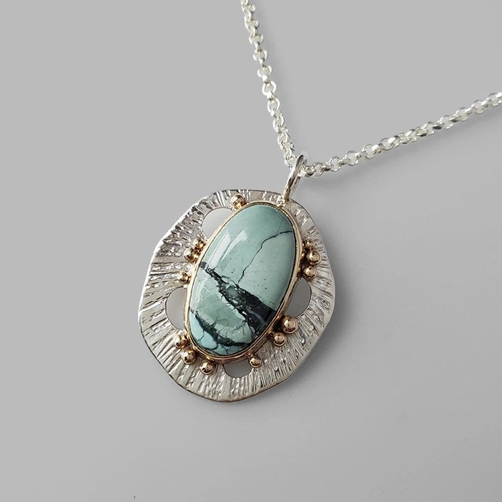 Sterling Silver + 14k Gold 'Reef' Pendant Necklace with Mystic Sage Turquoise