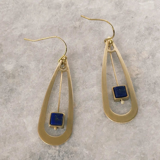 Lapis Drop Earring in Brass Teardrop