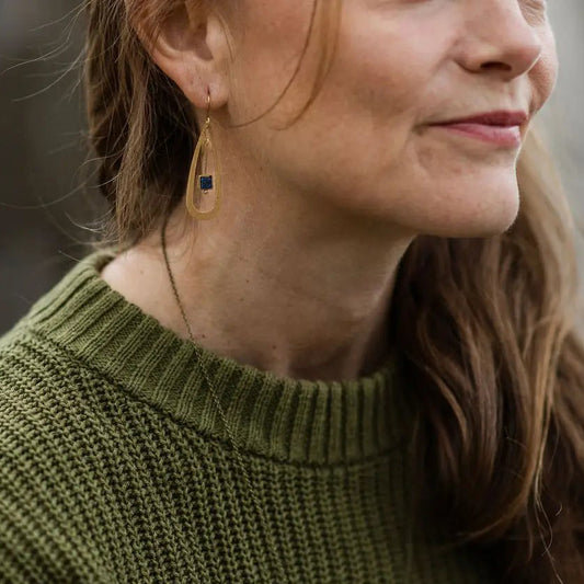 Lapis Drop Earring in Brass Teardrop