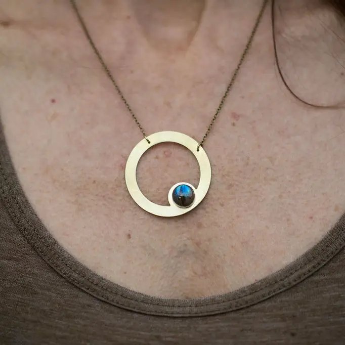 Offset Labradorite Brass Circle Necklace