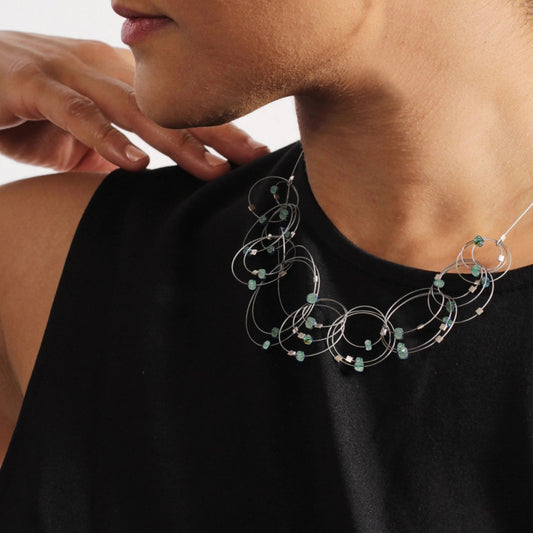 3-D Woven Cable ‘Vertigo’ Statement Necklace – Aquamarine/Silver