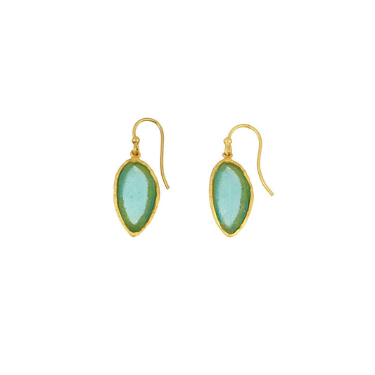 24k Gold Finish Bronze + Cast Glass ‘Sage Leaf’ Dangle Earrings - Teal