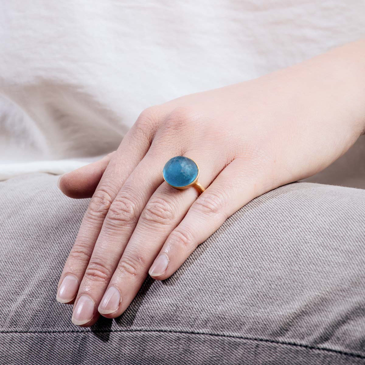 24k Gold Finish Bronze + Cast Glass ‘Bubble’ Ring – Large/Teal