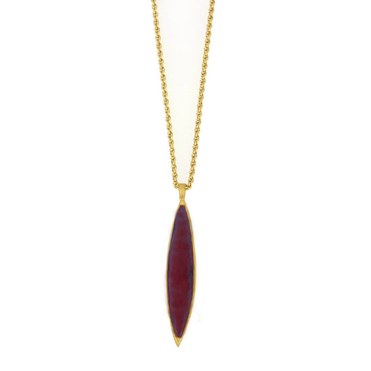 24k Gold Finish Bronze + Cast Glass ‘Eucalyptus Long Leaf’ Pendant Necklace – Dark Purple