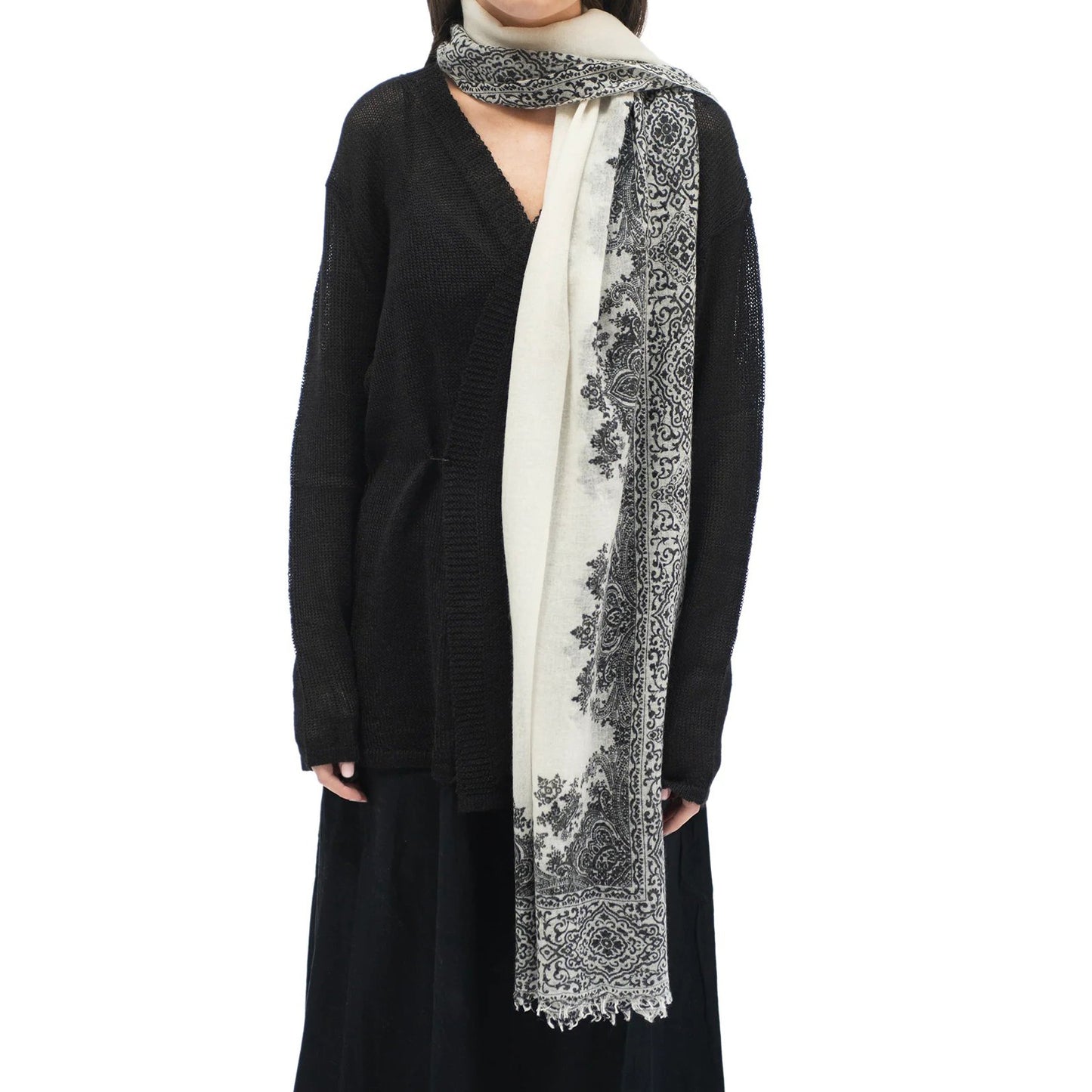 Cashmere Whisper Paisley Print Scarf - Ivory/Black