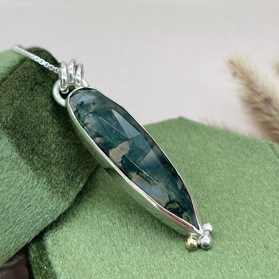 Sterling Silver Moss Agate Charm Necklace with 14k Gold Accent