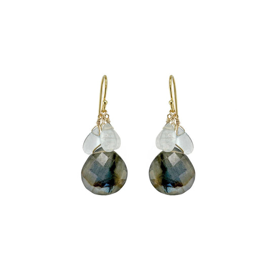 Moss Aquamarine, Moonstone + Labradorite Cluster Earrings - Gold