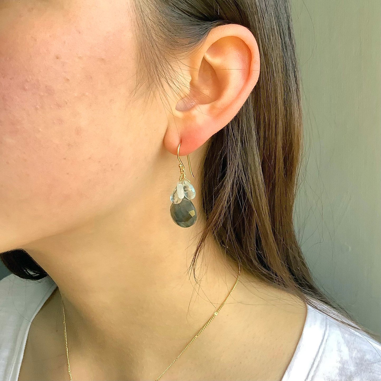 Moss Aquamarine, Moonstone + Labradorite Cluster Earrings - Gold