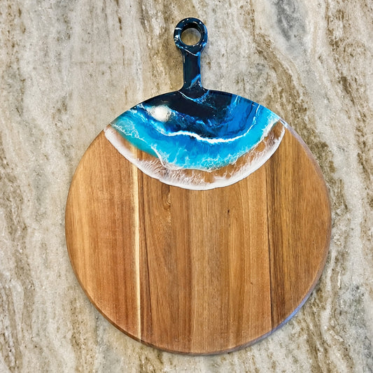 Acacia Wood 15" Round Cheese Board with Handle + Resin Accent - Ocean
