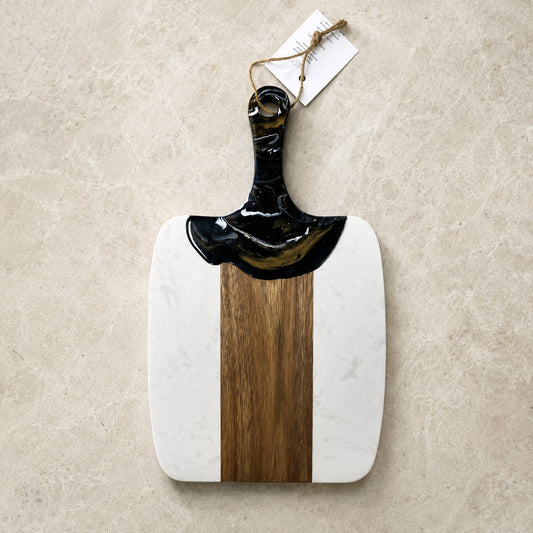 Marble + Acacia Wood Cheese Board with Handle + Resin Accent - Black/White/Gold