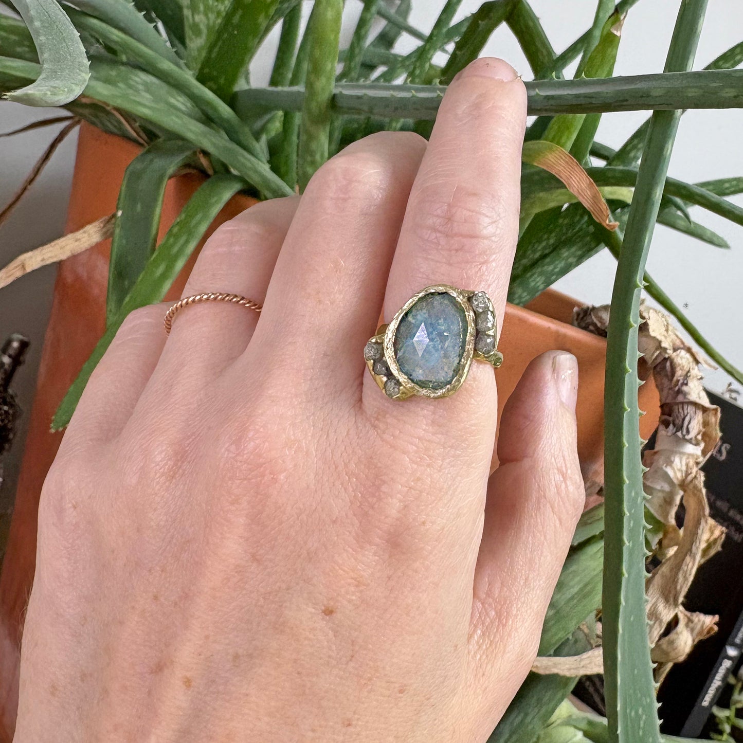 14k Gold Ring with Aquamarine + Raw Diamonds