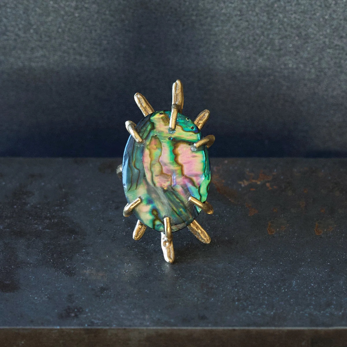 Paua Shell + Hammered Brass 'Nova' Statement Ring