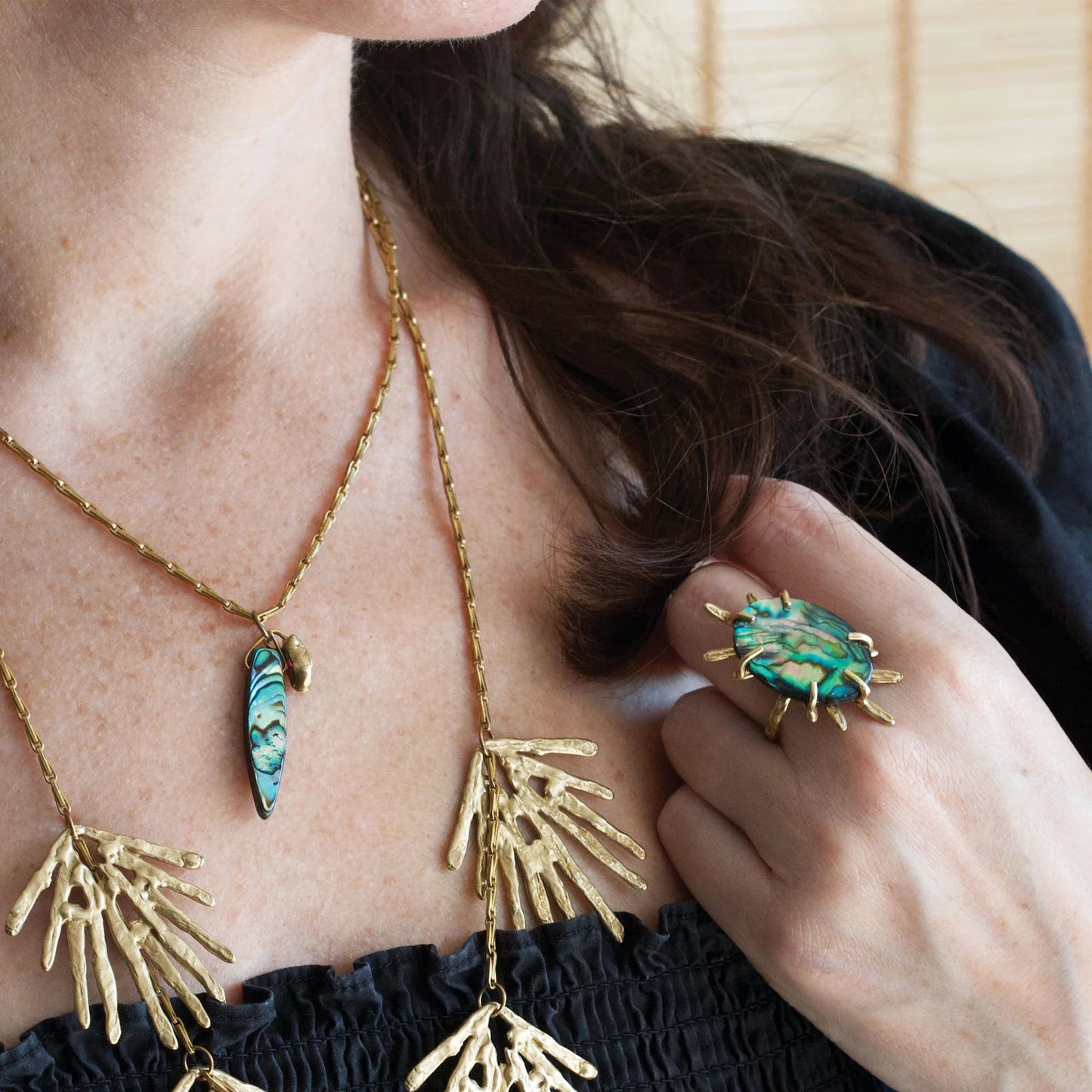 Paua Shell + Hammered Brass 'Nova' Statement Ring