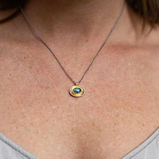 Mixed-Metal 'Oval Well' Necklace with Teal Kyanite