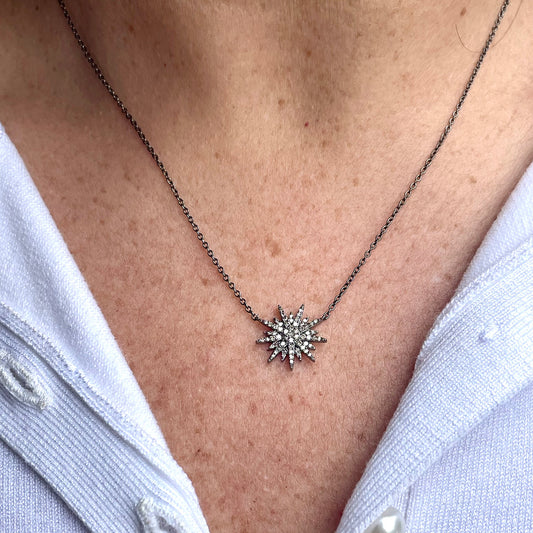 Sterling Silver + Diamond Mini Starburst Pendant Necklace