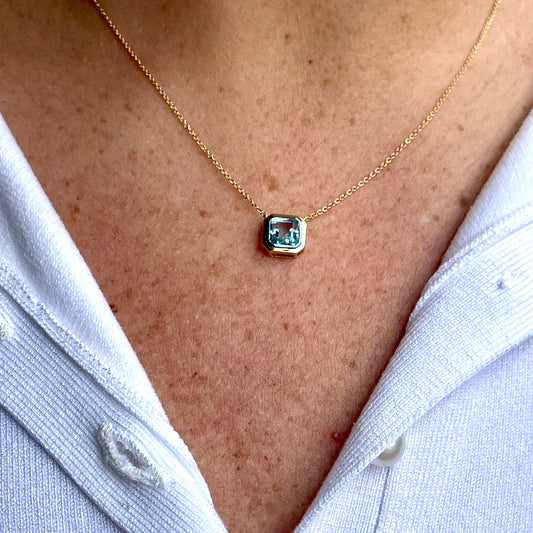 14k Gold + Emerald-Cut Blue Topaz Gemstone Pendant Necklace