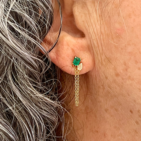 14k Gold, Emerald + Diamond Stud Earrings with Hanging Chain