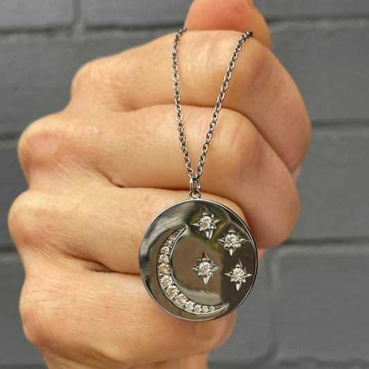 Oxidized Sterling Silver + Diamond 'Moon + Stars' Medallion Pendant Necklace