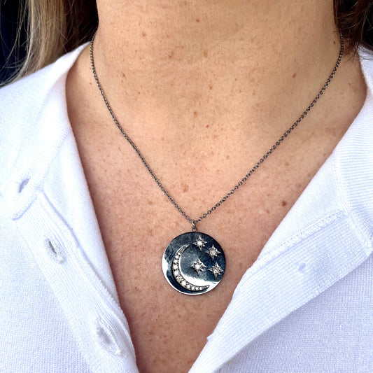 Oxidized Sterling Silver + Diamond 'Moon + Stars' Medallion Pendant Necklace
