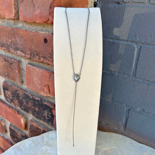 Oxidized Sterling Silver Y-Necklace with Teardrop Labradorite + Pave Diamond Halo