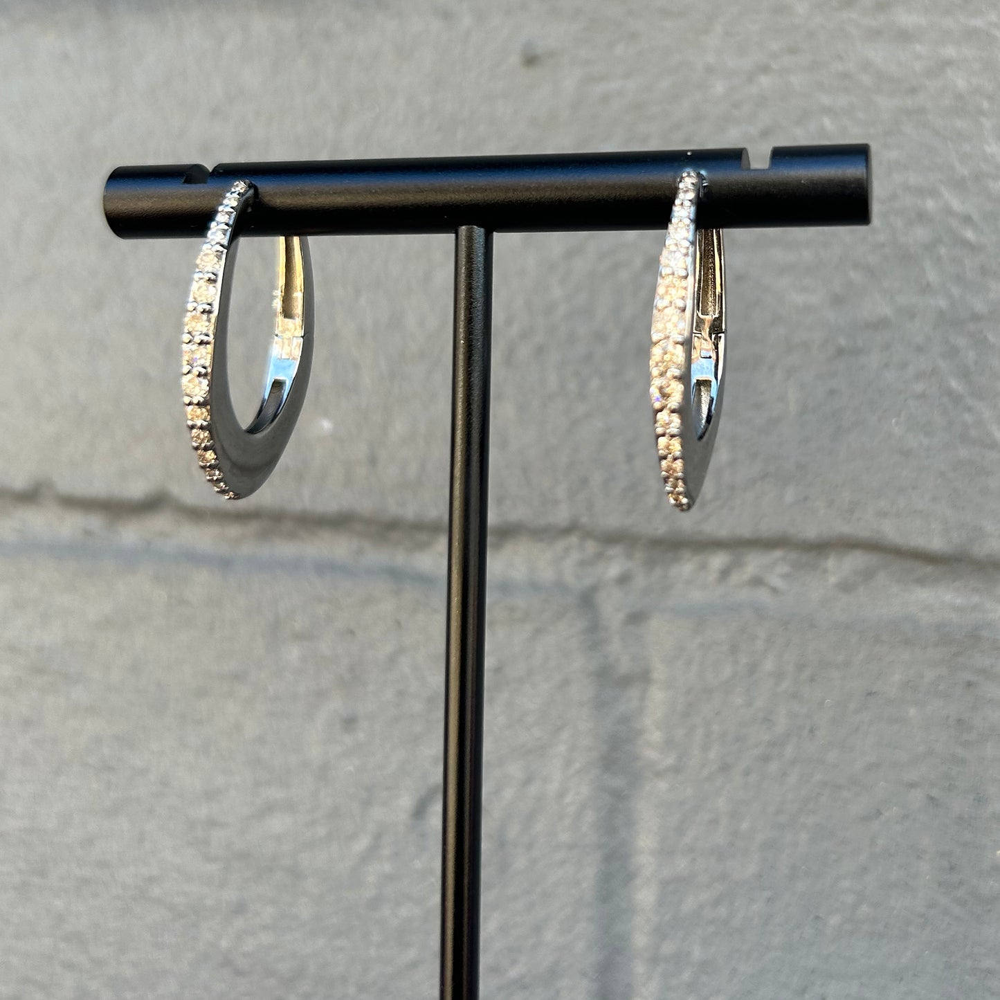 Oxidized Mirror Finish Sterling Silver + Pave Diamond Thick Oval Hoop Earrings