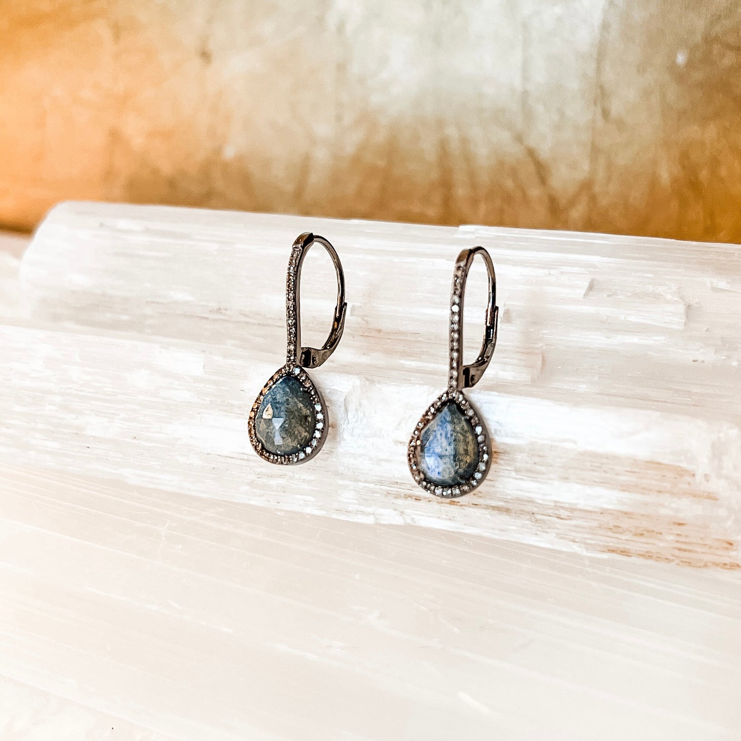 Oxidized Sterling Silver Drop Earrings with Labradorite + Pave Diamonds