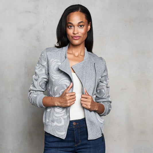 French Terry Tonal Embroidered Moto Jacket - Grey