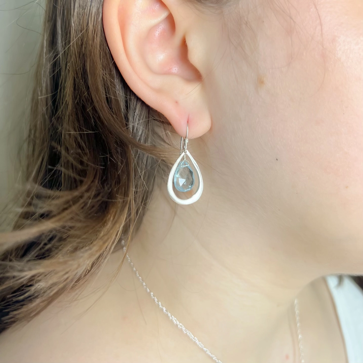 Open Teardrop with Blue Topaz Dangle Earrings - Silver