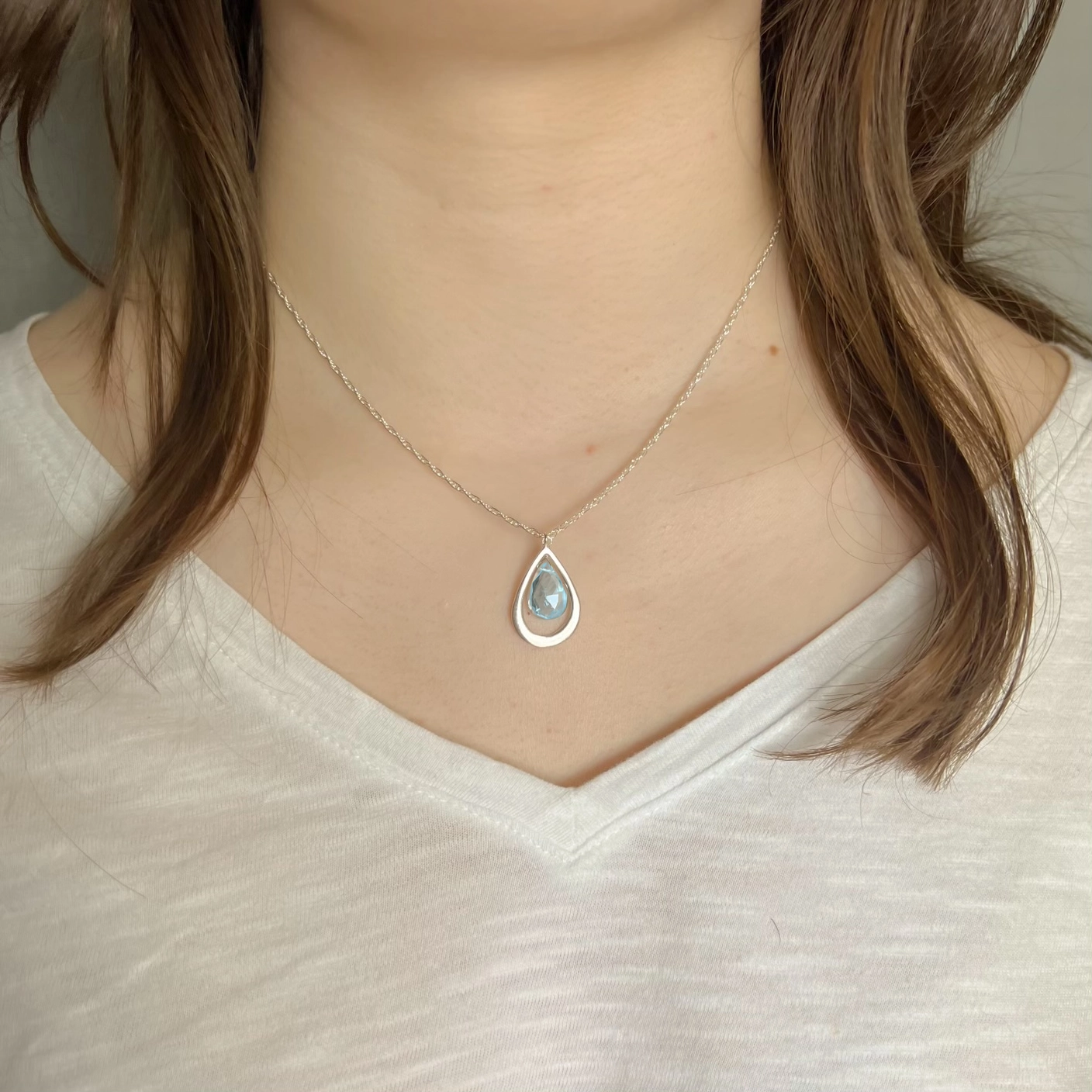 Open Teardrop with Blue Topaz Pendant Necklace - Silver