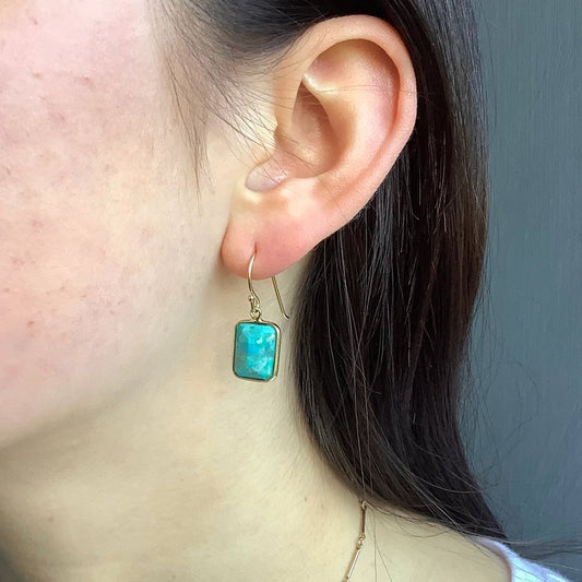 Faceted Turquoise Rectangle Earrings - Gold