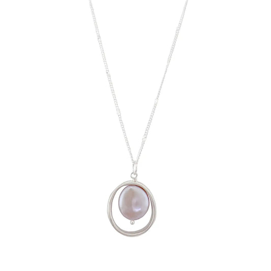 Open Circle with Pink Pearl Pendant Necklace — Sterling Silver