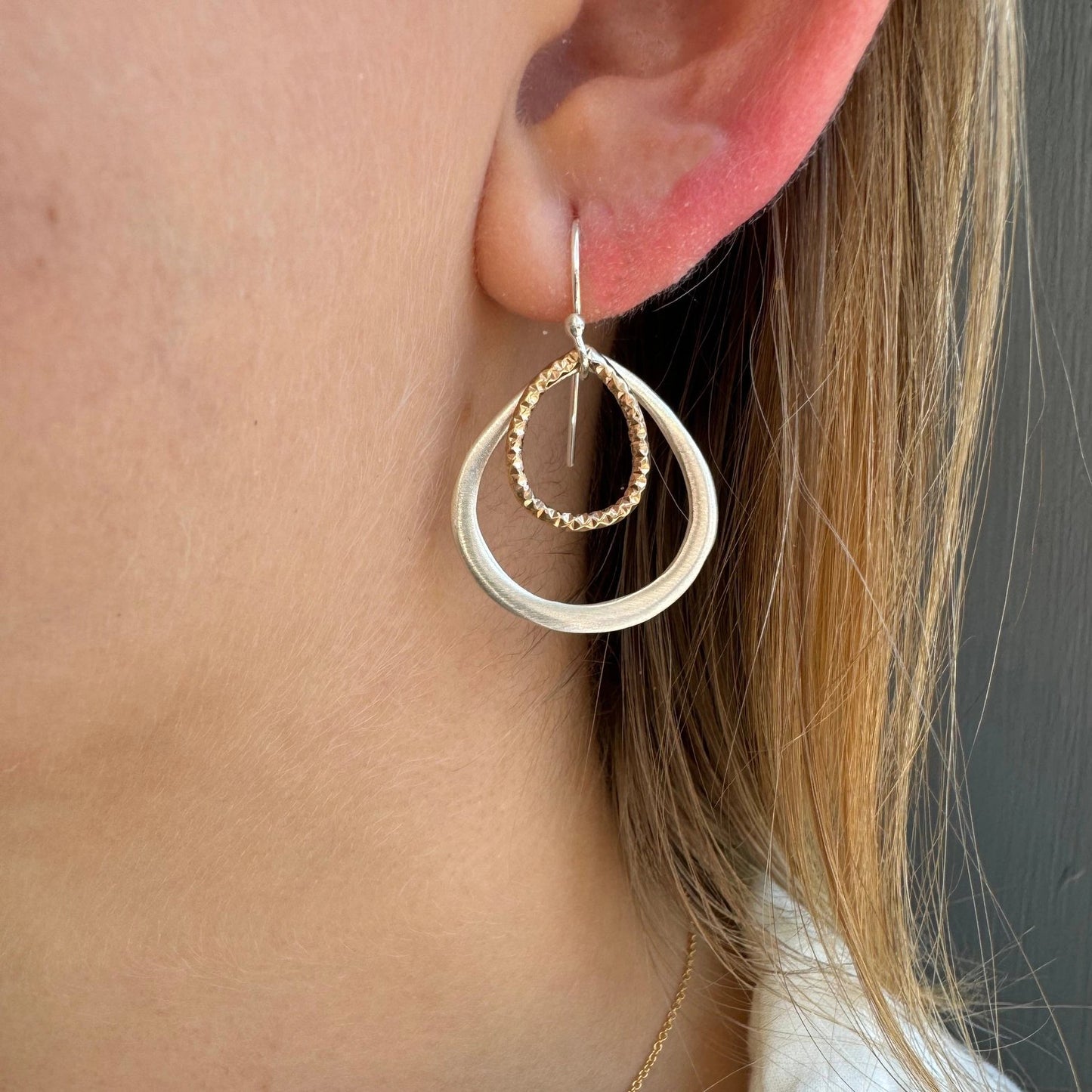 Double Drops with Texture Earrings — Silver + Gold