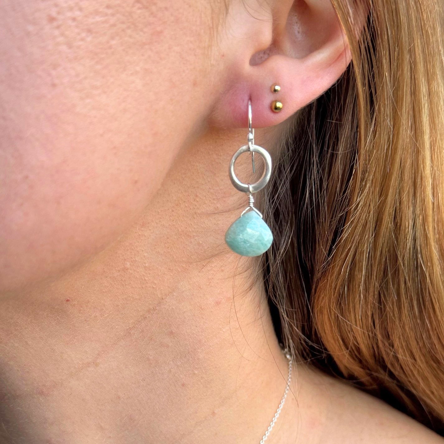 Circle with Amazonite Drop Earrings - Sterling Silver