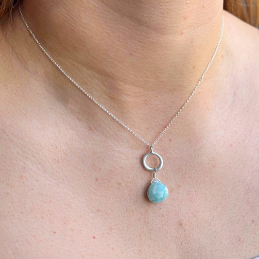 Circle with Amazonite Drop Necklace - Sterling Silver