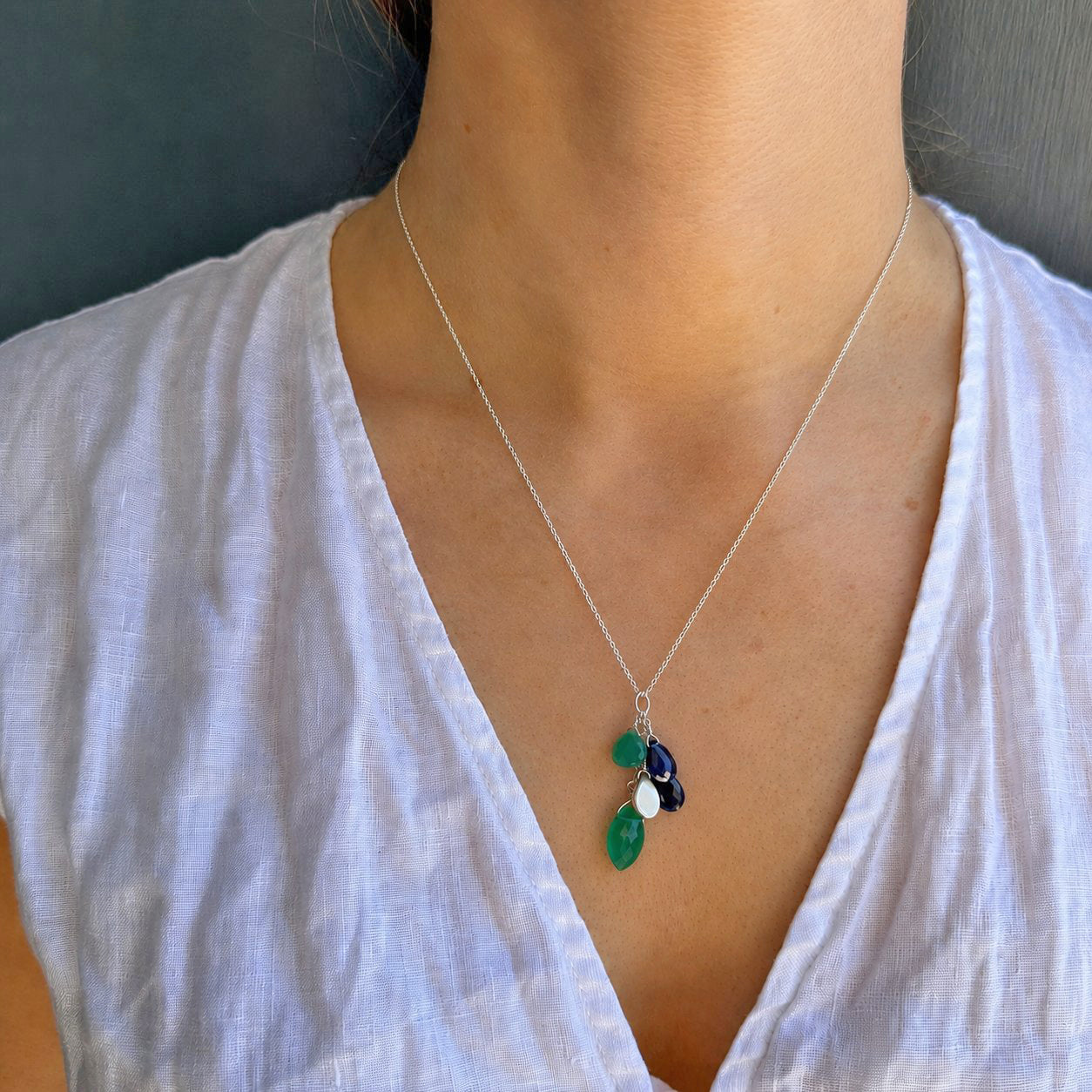 Sapphire + Green Onyx Cluster Pendant Necklace - Sterling Silver
