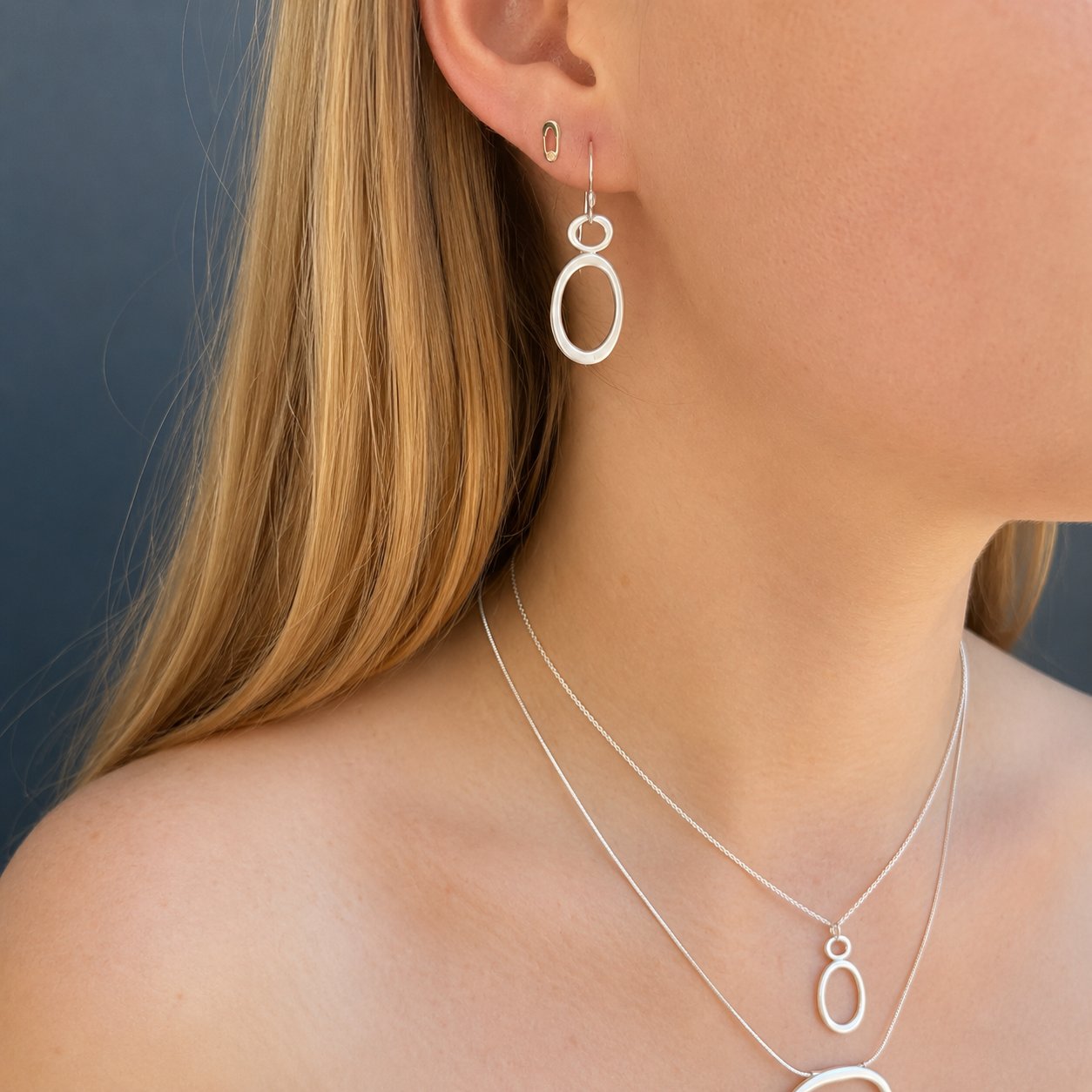 Small Double Oval Dangle Earrings - Sterling Silver