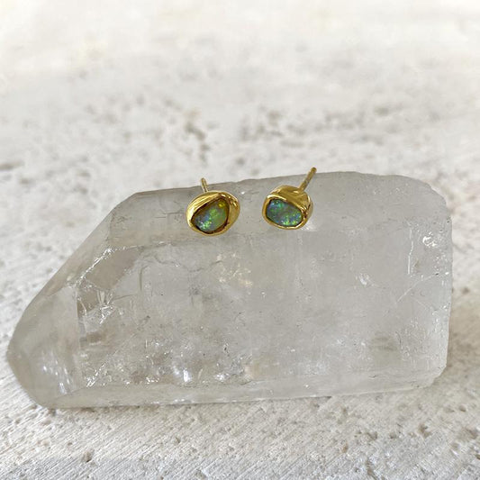 Bezel Set Gemstone Stud Earrings - Opal