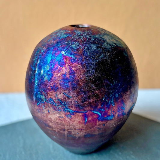 Large Raku Gourd Vessel - Plum/Green Galaxy