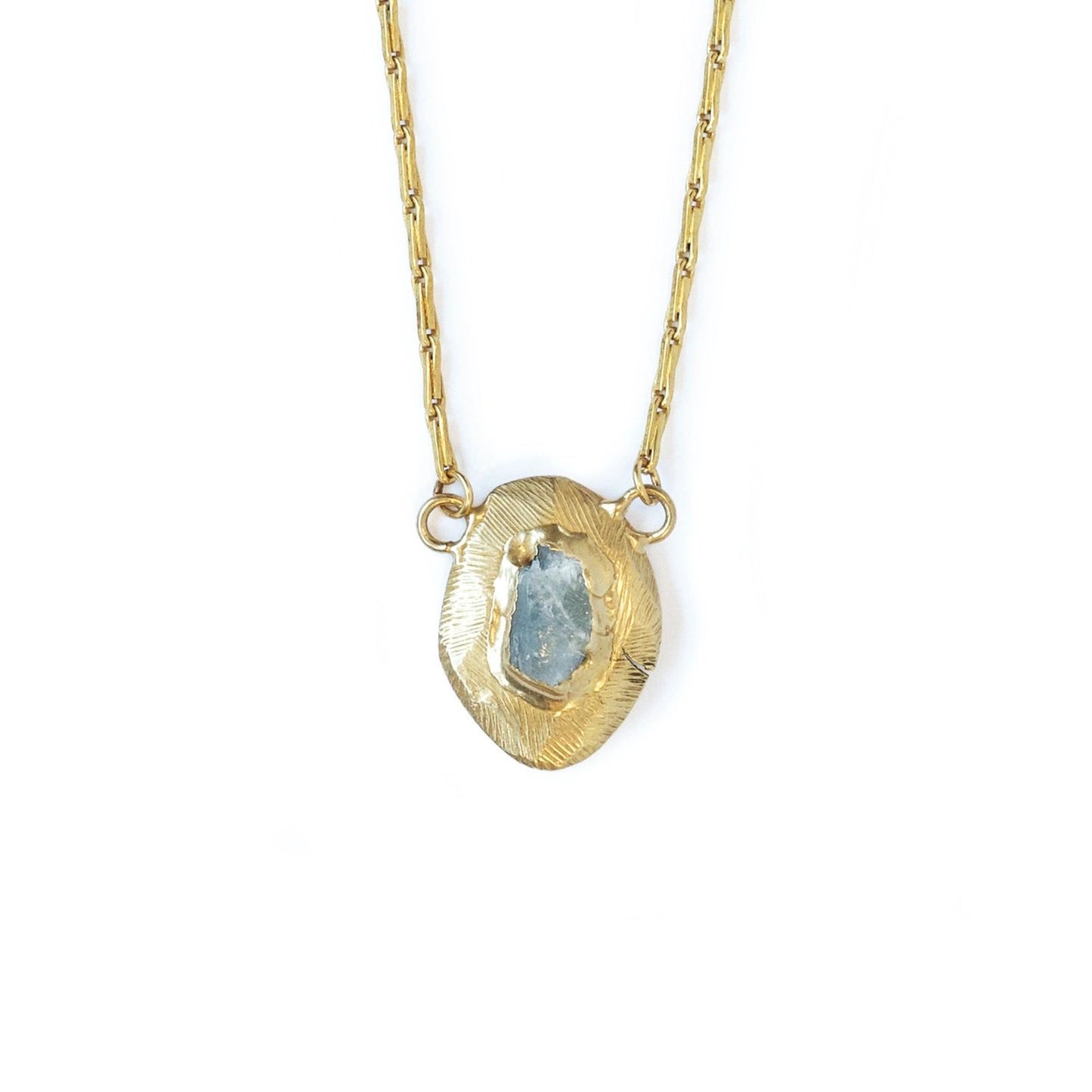 Brass Reflector Pendant Necklace with Raw Aquamarine
