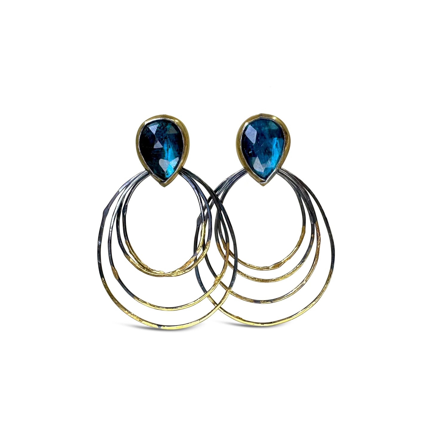 Mixed-Metal 'Ripple Rim' Post Hoop Earrings with Teal Kyanite