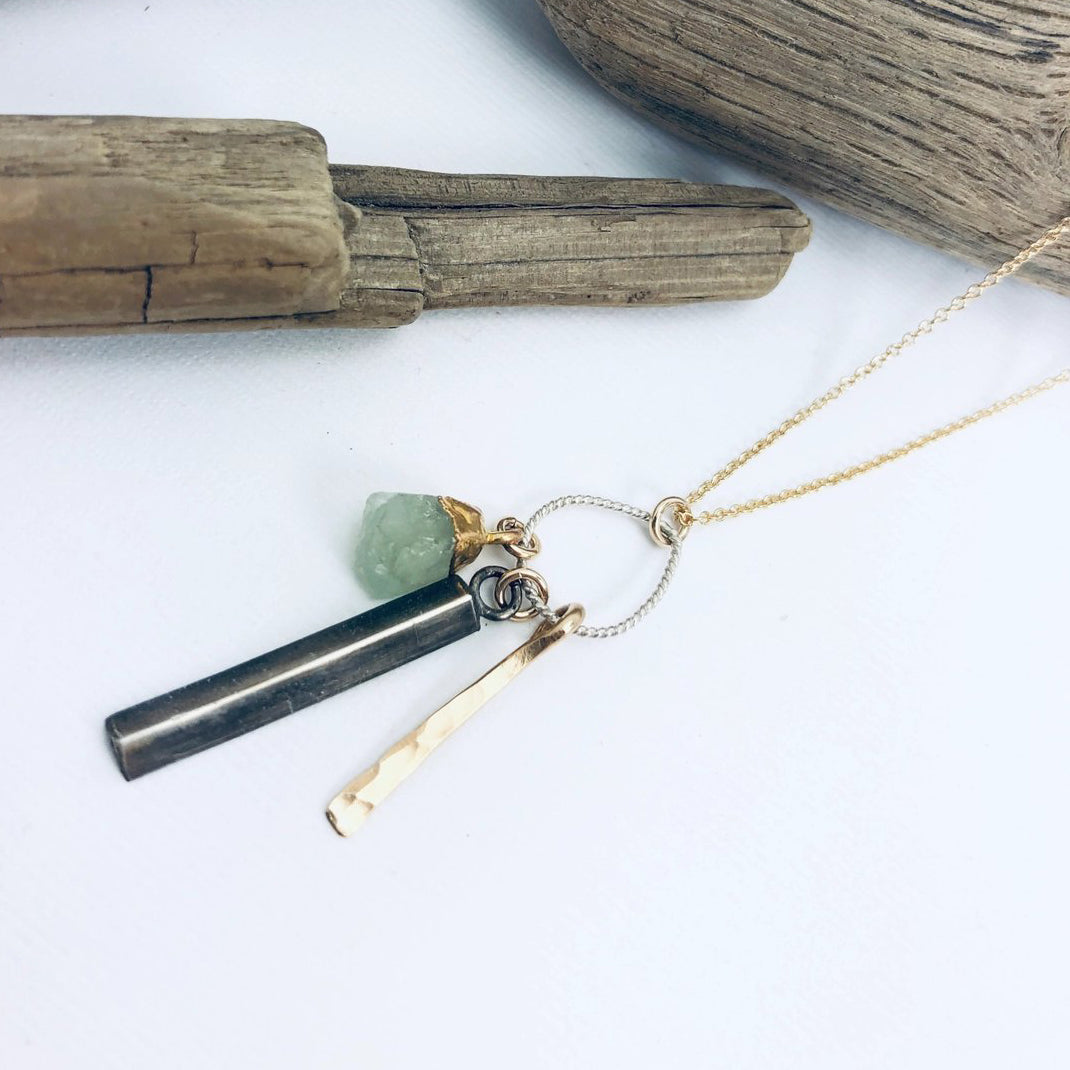 Mixed-Metal Rough Gemstone Cluster Pendant Necklace