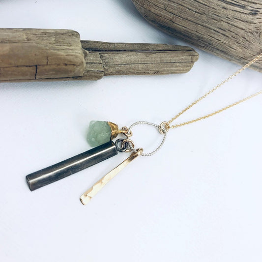 Mixed-Metal Rough Gemstone Cluster Pendant Necklace