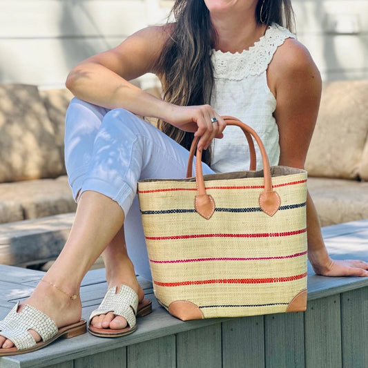 Medium Augustine Straw Basket - Fuchsia/Coral Multi Pinstripe