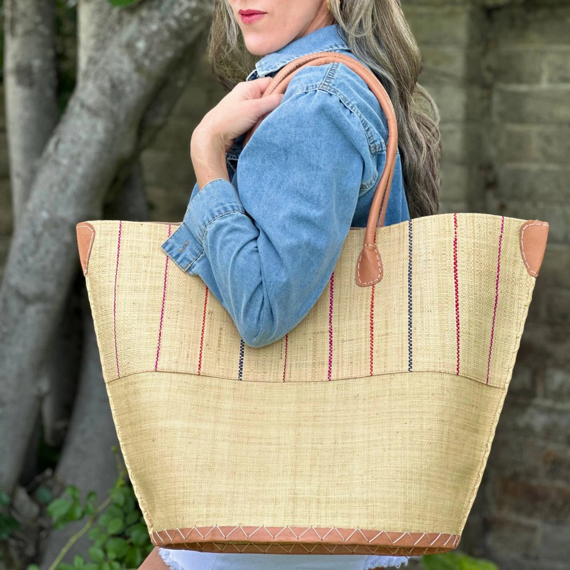Large Santa Cruz Two-Tone Pinstripes Straw Tote Bag - Natural + Brights