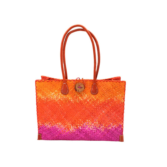Medium Ombré Zafran Straw Beach Bag - Coral + Fuchsia