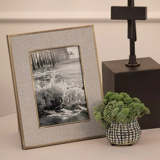 5x7 Oatmeal Herringbone + Antique Brass Picture Frame