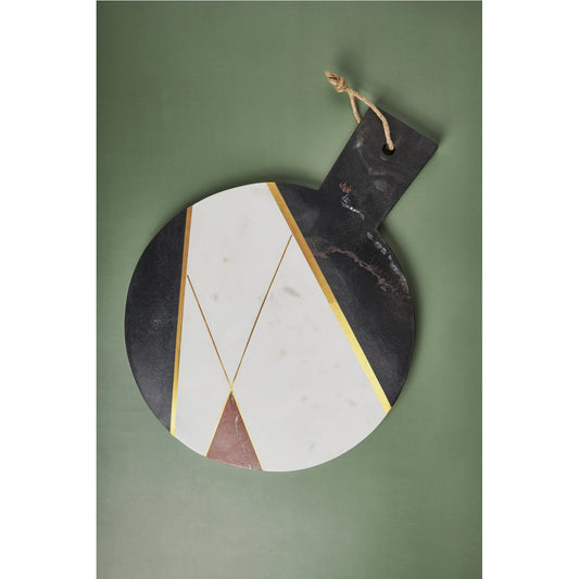 Round Multicolor Marble Board with Brass Inlay + Handle